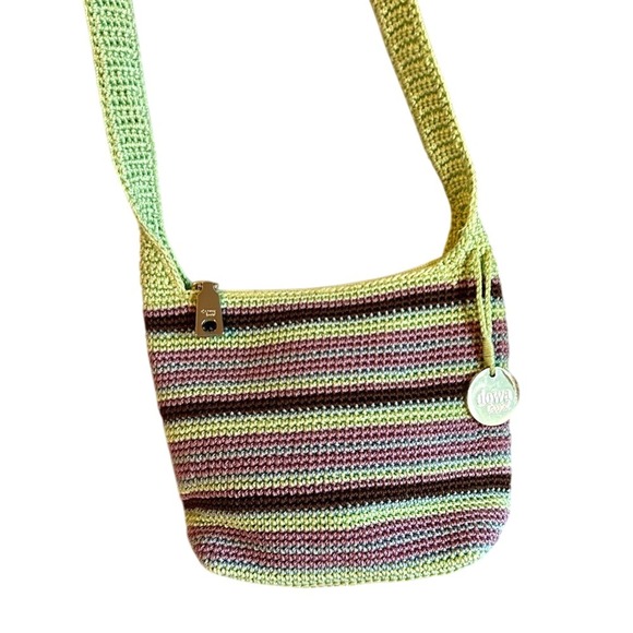 Dowa Crochet‎ Striped Shoulder Bag Purse Handbag Green Purple Brown - Picture 1 of 6